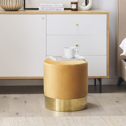 Velvetique Velvet Round Footstool Yellow Glam Pouffe Gold Accent