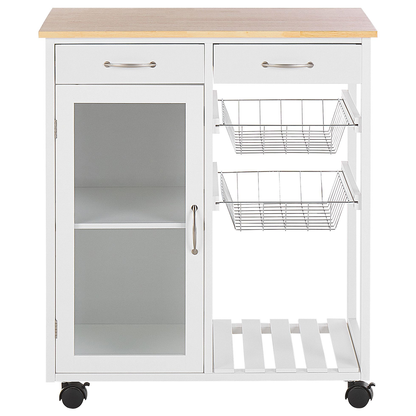 White Pine Kitchen Trolley With 2 Drawers 1 Cabinet 2 Racks Castors For Living Room