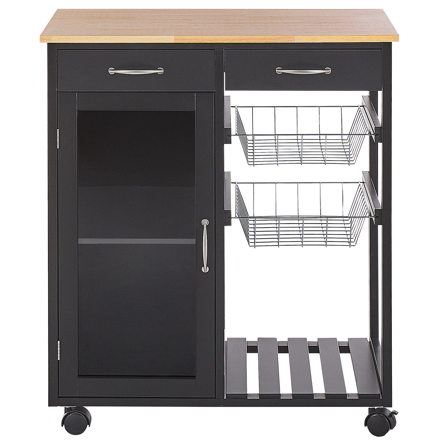 Kitchen Trolley Black Pine Wood With 2 Drawers 1 Cabinet 2 Racks Castors Living Room