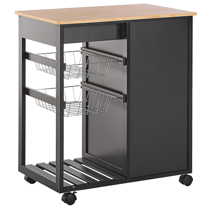 Kitchen Trolley Black Pine Wood With 2 Drawers 1 Cabinet 2 Racks Castors Living Room