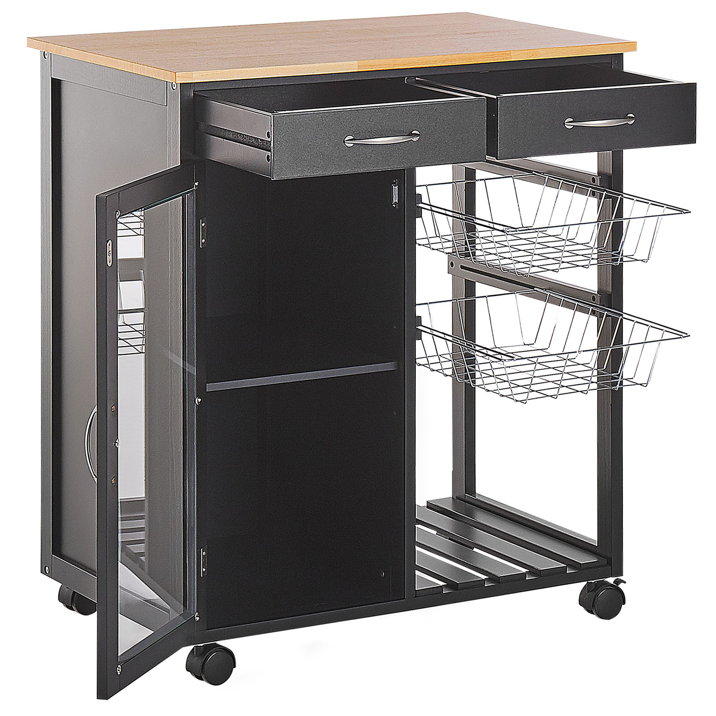 Kitchen Trolley Black Pine Wood With 2 Drawers 1 Cabinet 2 Racks Castors Living Room