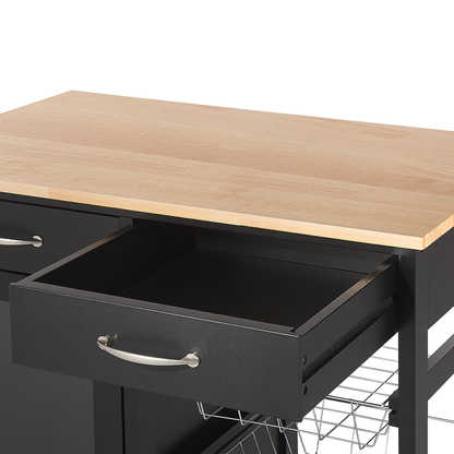Kitchen Trolley Black Pine Wood With 2 Drawers 1 Cabinet 2 Racks Castors Living Room