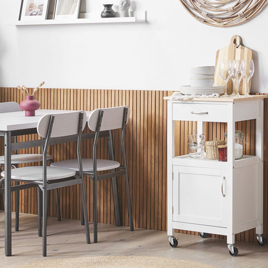 NovaHome Kitchen Trolley White Wood Top Drawer Casters 89cm High