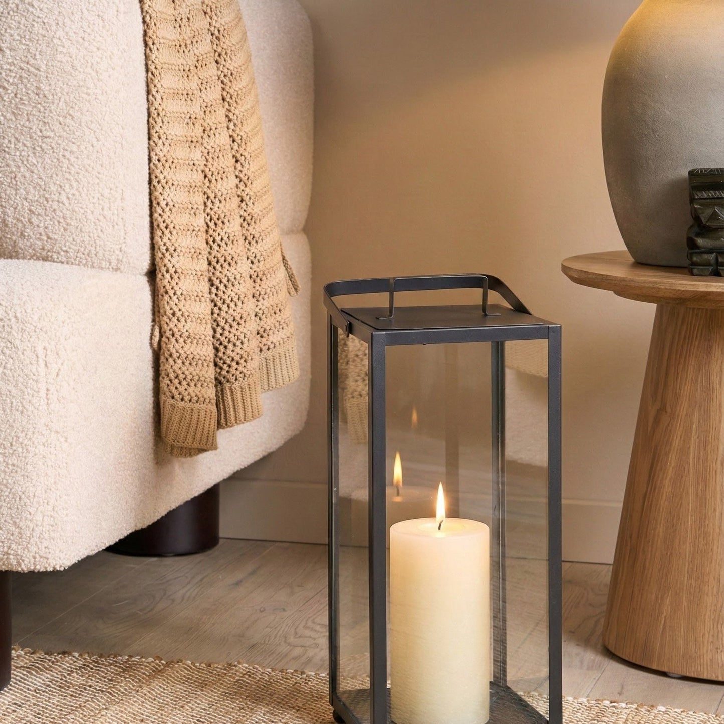 Nimbus Home Lantern Black Iron 41cm Pillar Candle Holder With Industrial Minimalist Handle