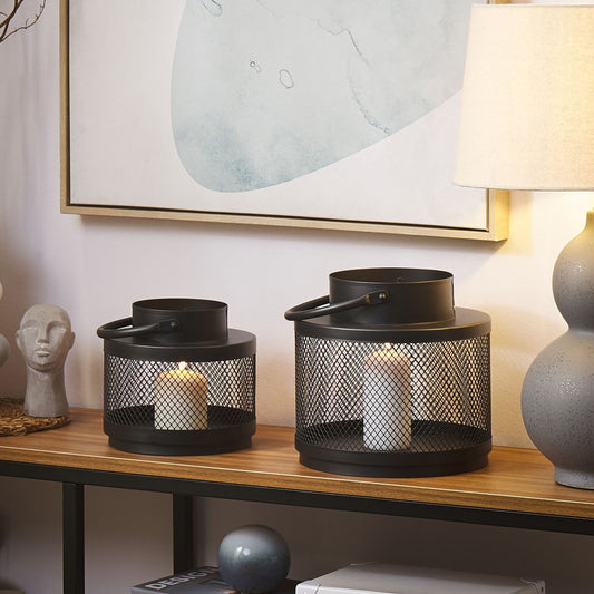 Lantern Black Iron 19cm Pillar Candle Holder With Minimalist Industrial Handle For Home Decor