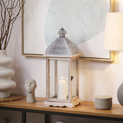 Lantern White Iron 47cm Pillar Candle Holder Distressed Retro Decor Accent