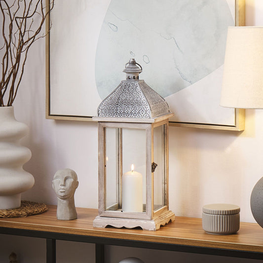 Lantern White Iron 47cm Pillar Candle Holder Distressed Retro Decor Accent