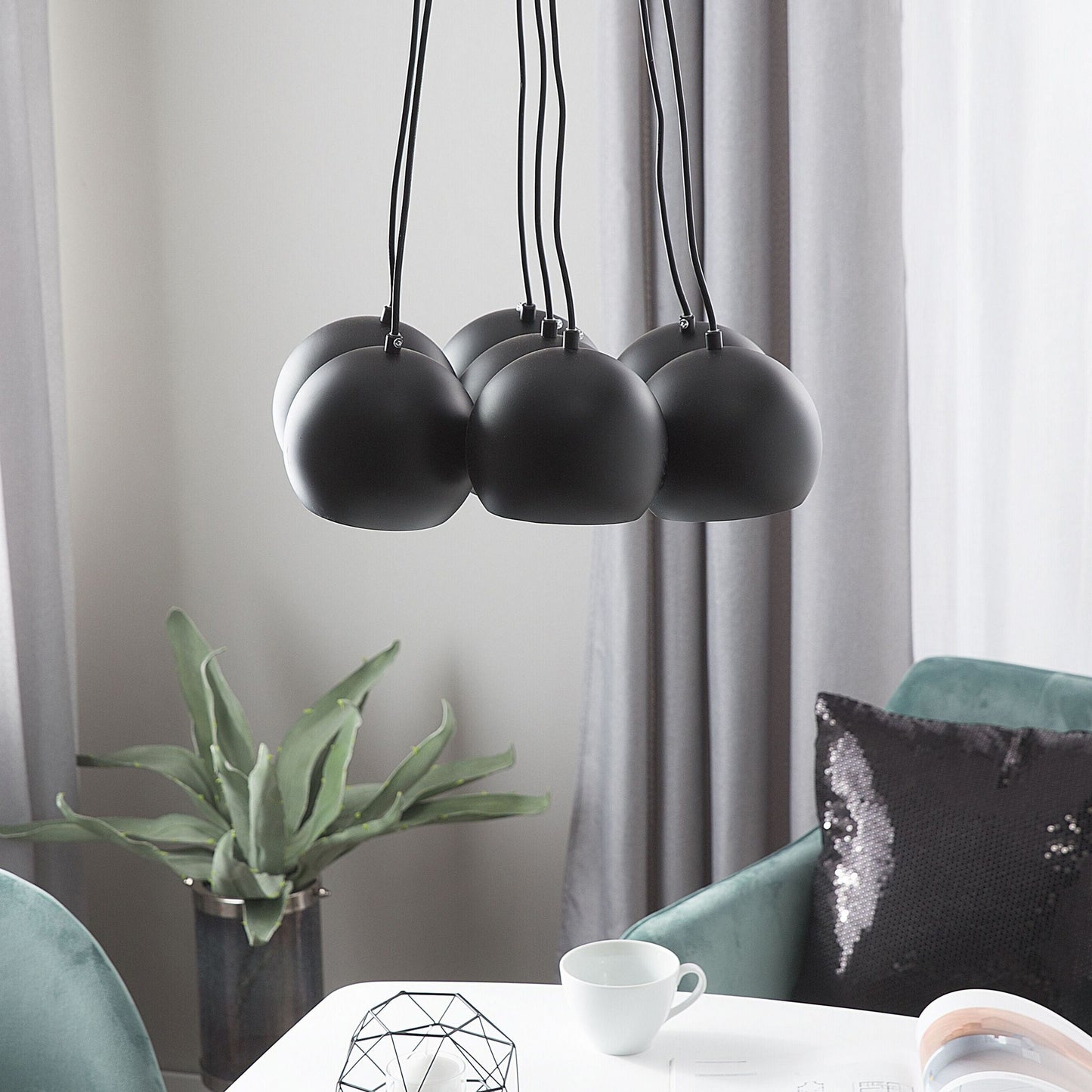 Seven Light Cluster Pendant Black Metal Round Shades Modern Ceiling Light