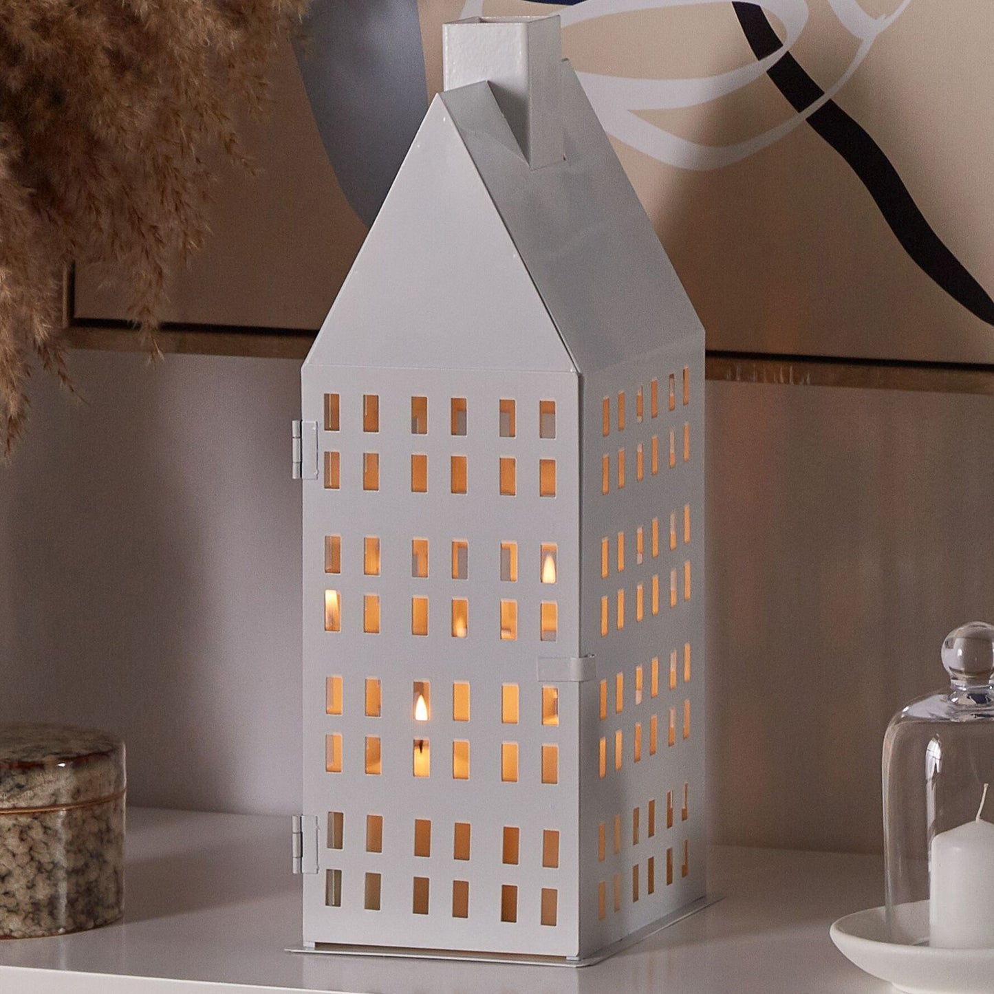 Aura Lantern White Iron 40cm House Candle Holder Minimalistic