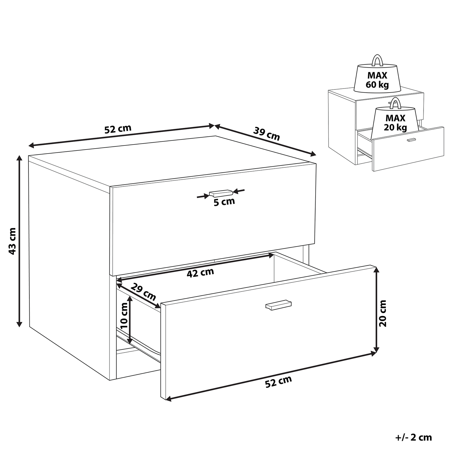 NordicNest Bedside Table White Light Wood MDF 2 Drawers