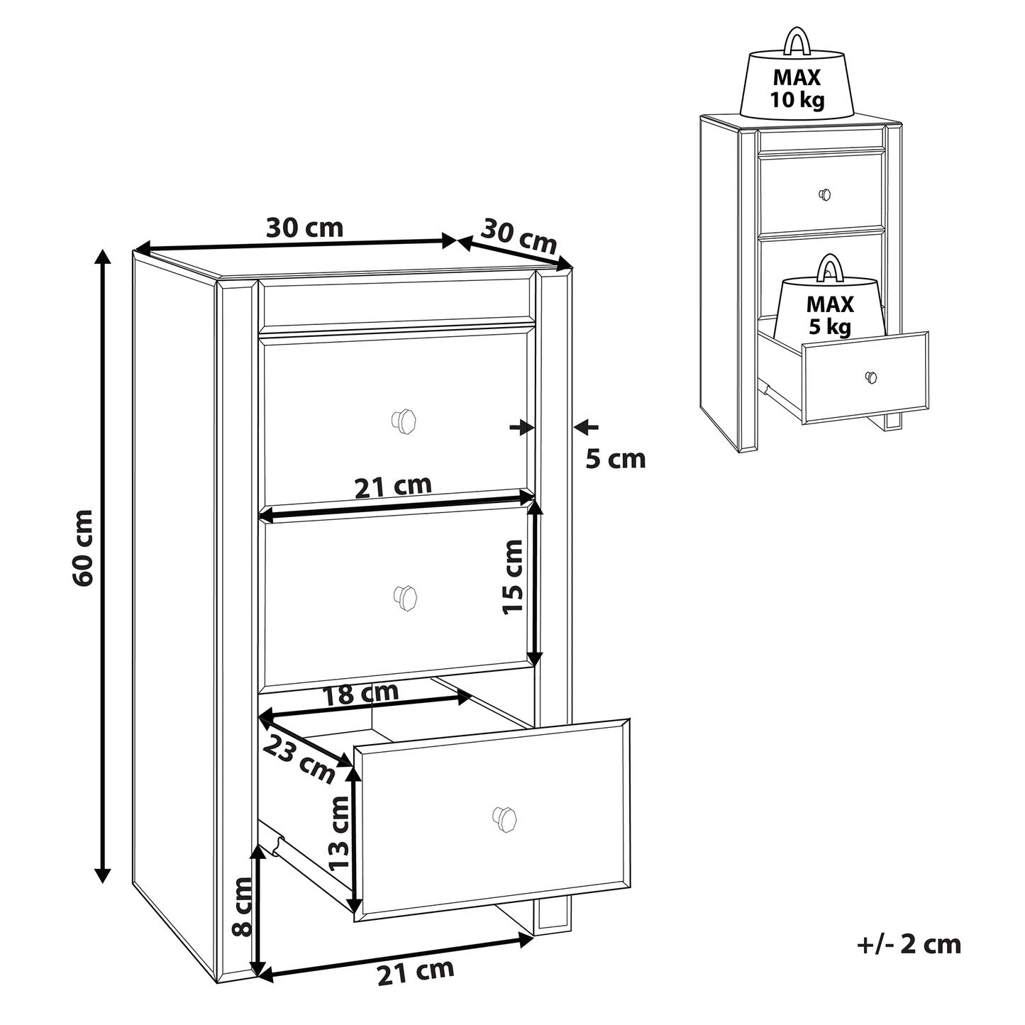 Living Silver Mirrored Glass 3 Drawer Nightstand 60 x 30 x 30cm