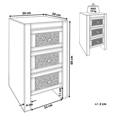 Silver Mirrored Bedside Table 3 Drawer 60 x 30 x 30cm