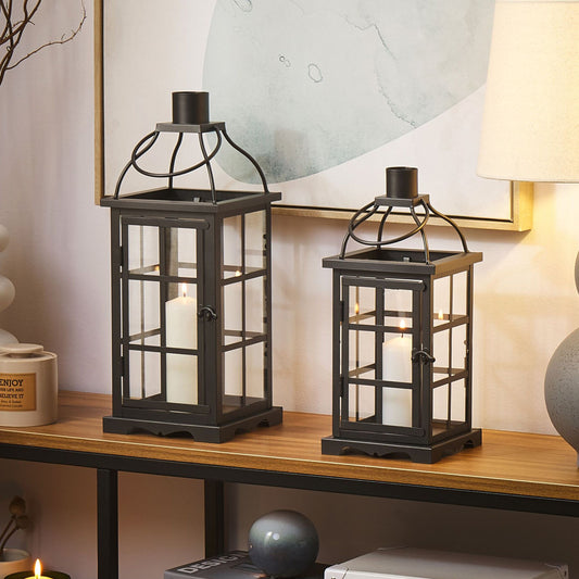 Black Iron Lantern 42cm Glass Door Pillar Candle Holder