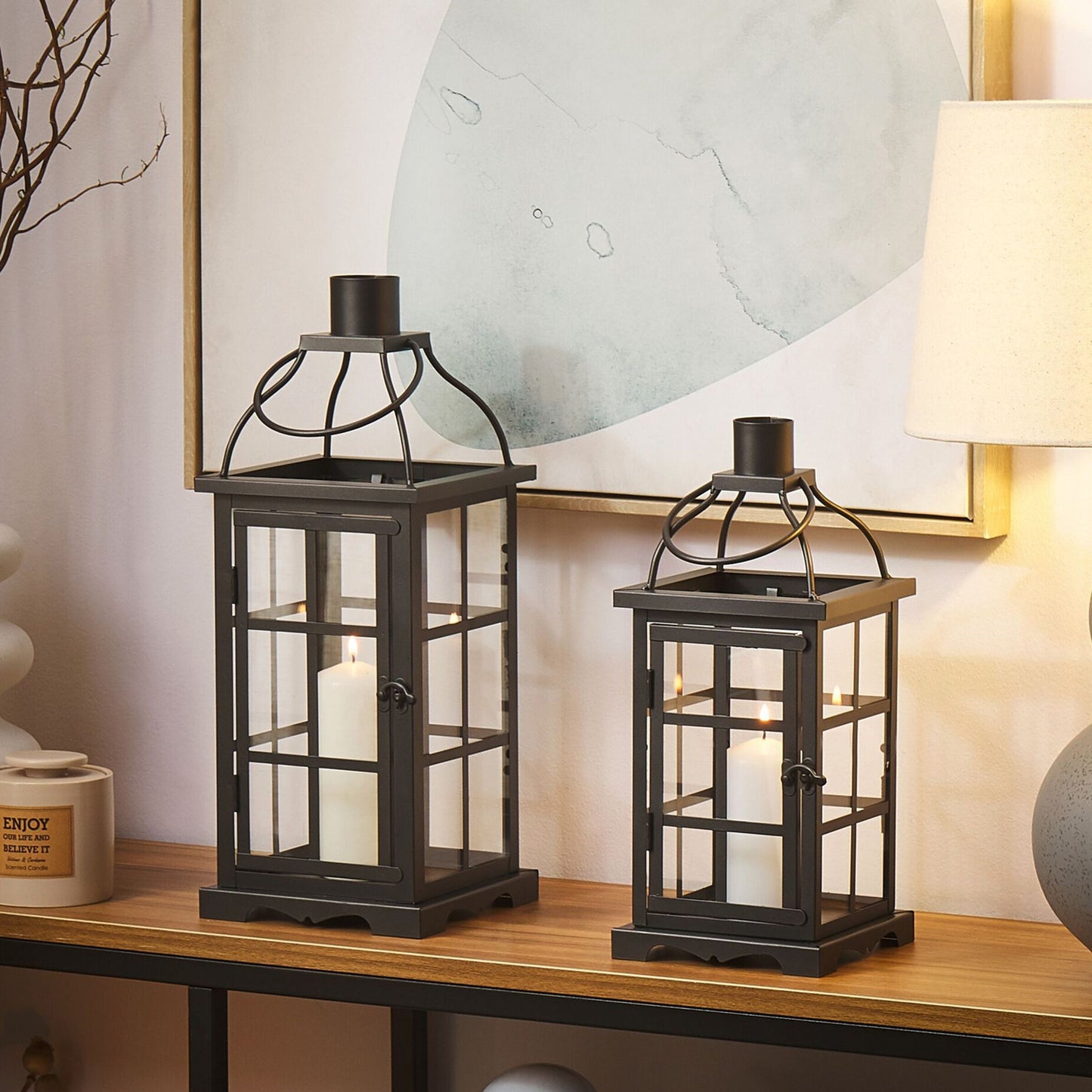 Metal Lantern Black Iron 52cm Pillar Candle Holder With Glass Doors For Indoor Decor