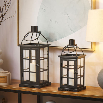 Metal Lantern Black Iron 52cm Pillar Candle Holder With Glass Doors For Indoor Decor