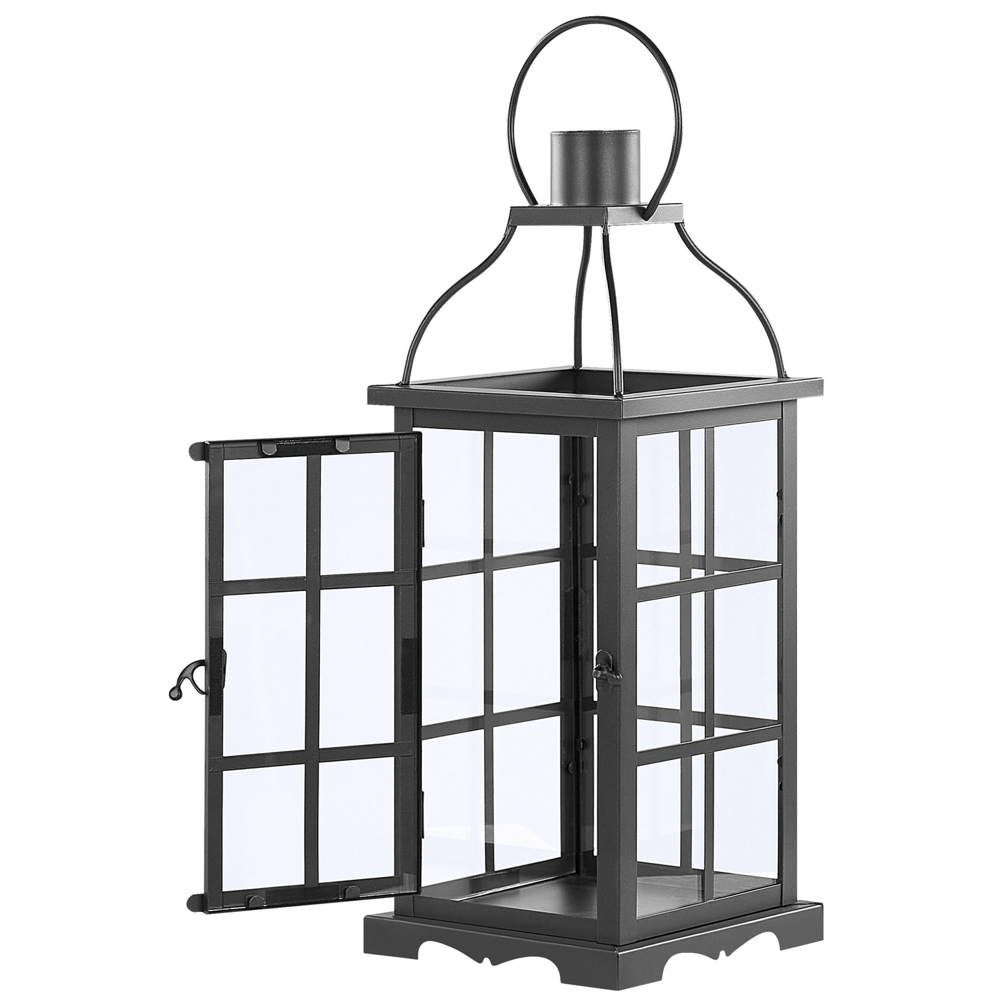 Metal Lantern Black Iron 52cm Pillar Candle Holder With Glass Doors For Indoor Decor