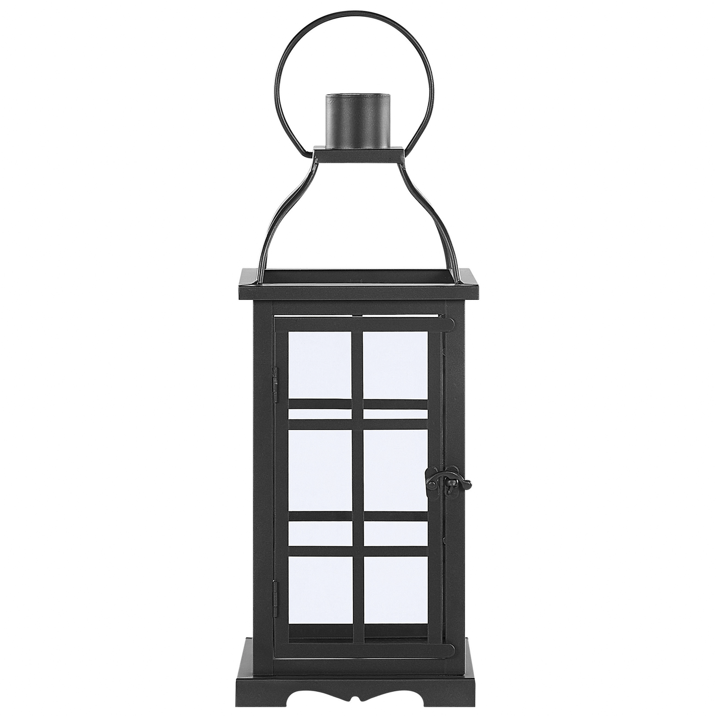 Metal Lantern Black Iron 52cm Pillar Candle Holder With Glass Doors For Indoor Decor