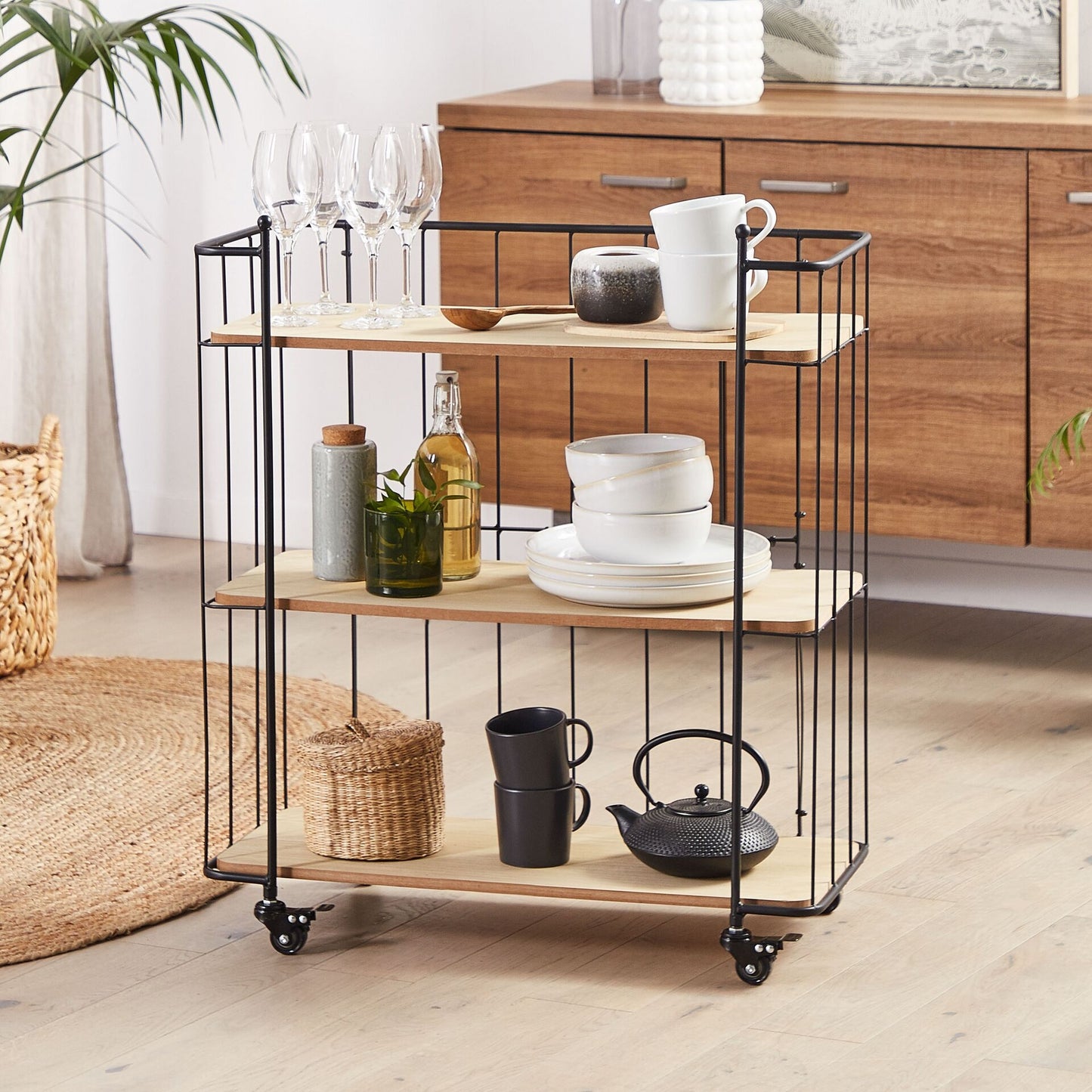 Kitchen Trolley Black Metal 81cm Light Brown Shelves Castors