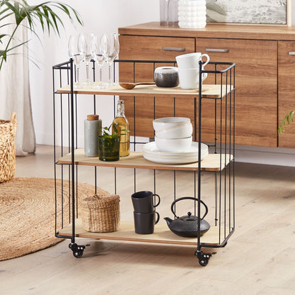 Kitchen Trolley Black Metal 81cm Light Brown Shelves Castors