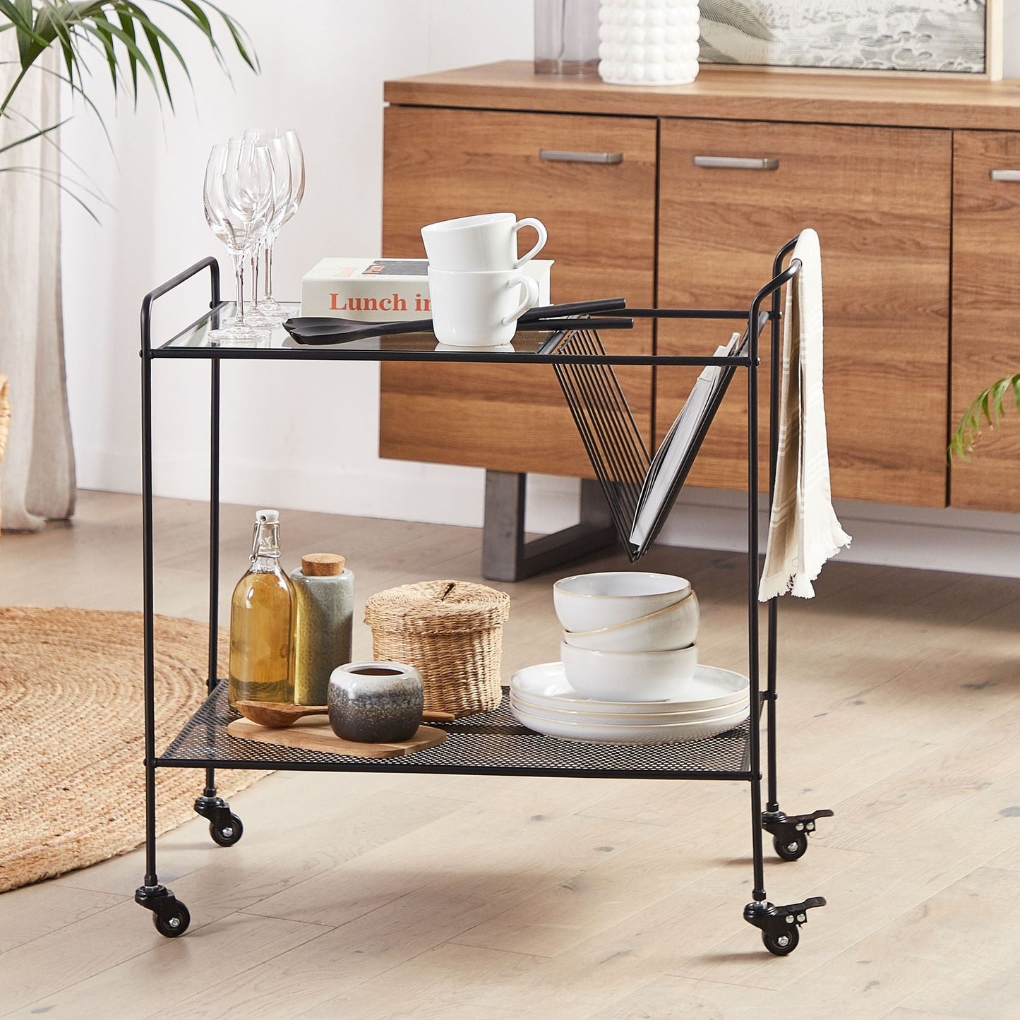 Kitchen Trolley Black Metal 70cm Tempered Glass Top With Shelf