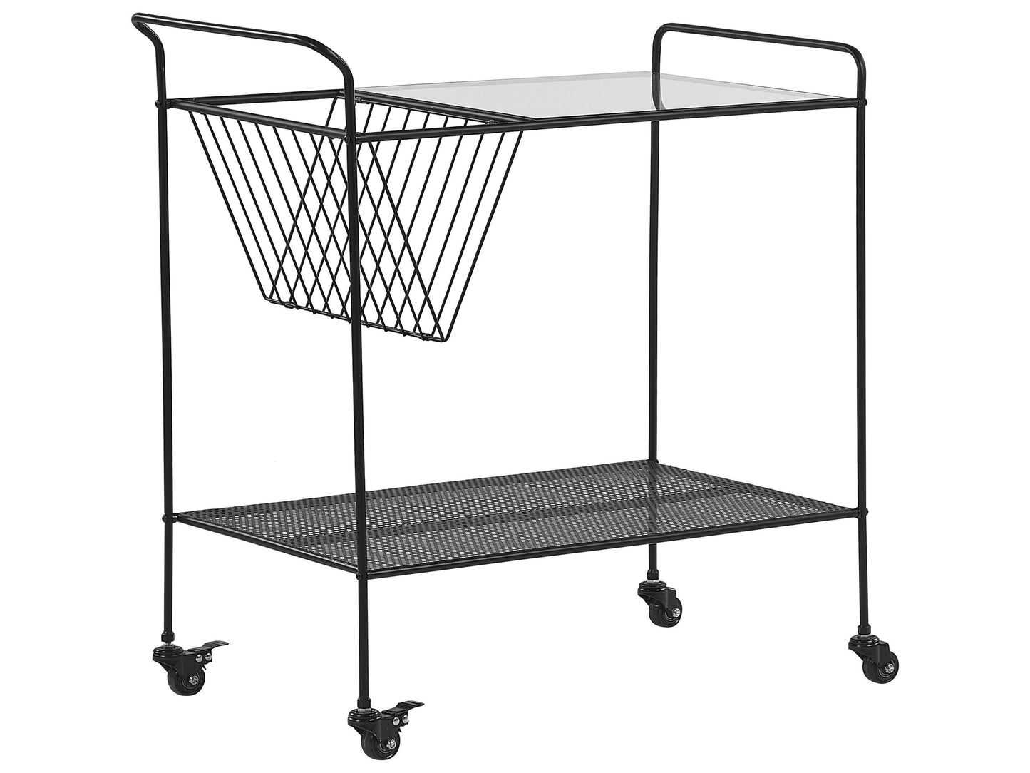 Kitchen Trolley Black Metal 70cm Tempered Glass Top With Shelf