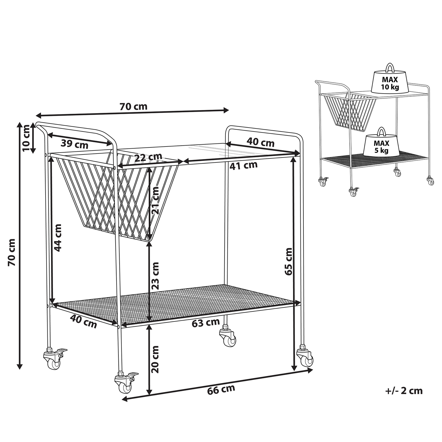 Kitchen Trolley Black Metal 70cm Tempered Glass Top With Shelf