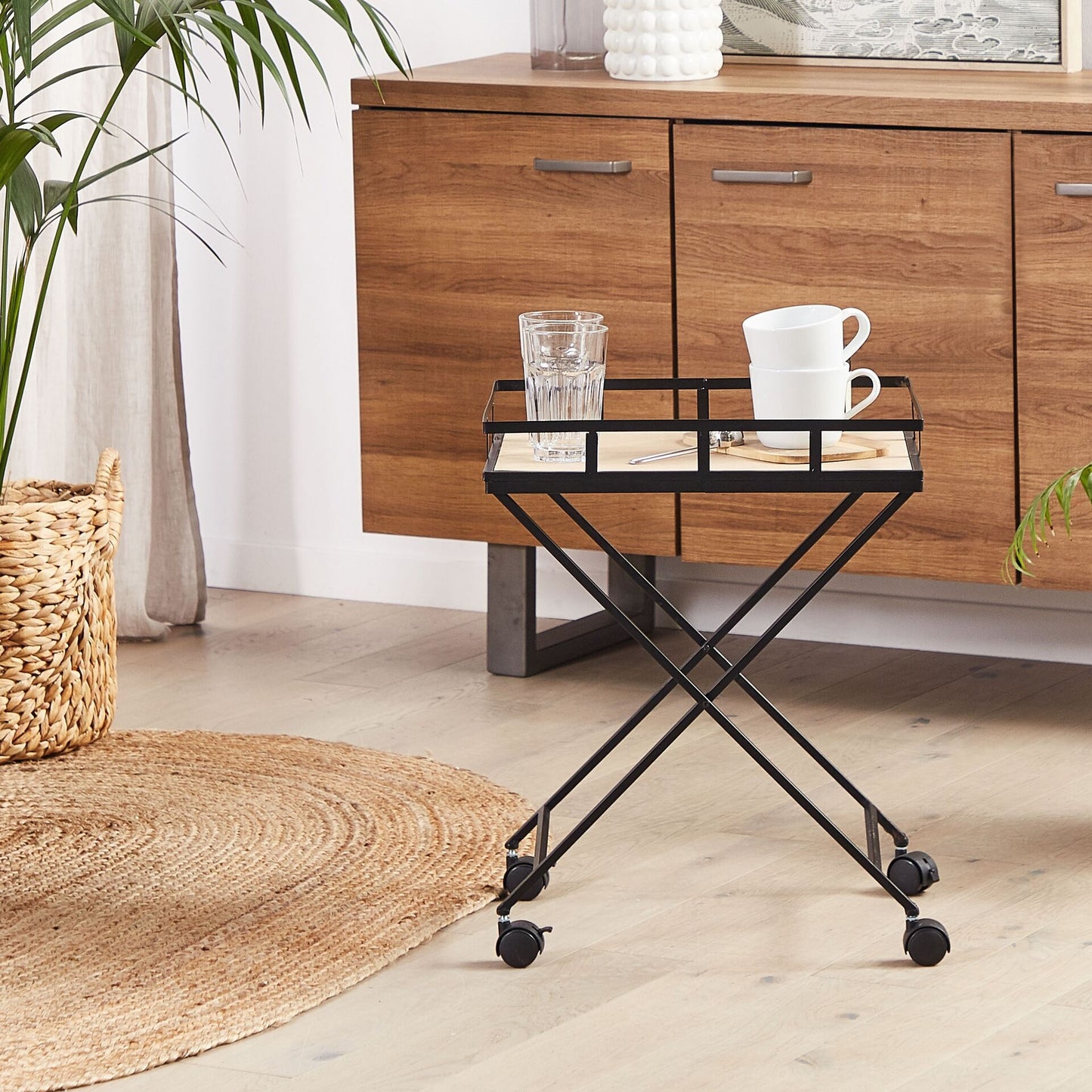 Kitchen Trolley Black Metal 56cm Removable Light Wood Top with Castors in Industrial Rustic Modern Style