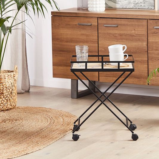 Kitchen Trolley Black Metal 56cm Removable Light Wood Top with Castors in Industrial Rustic Modern Style