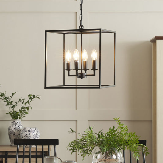 Pendant Lamp Black Metal 115cm Cube Cage Frame Four Light Fixture Modern