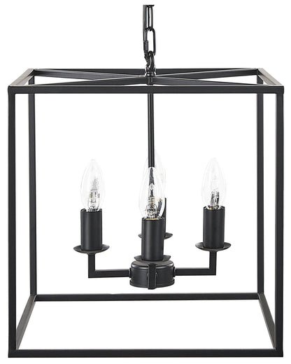 Pendant Lamp Black Metal 115cm Cube Cage Frame Four Light Fixture Modern