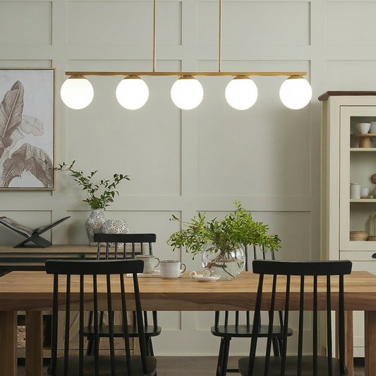 Design Hanging Lamp Gold Metal 62cm 5 Light Track with White Glass Sphere Shades for Dining Room Kitchen