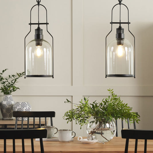 Pendant Lamp Black Metal Frame 166cm Clear Glass Shade