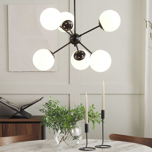 Black 6 Light Pendant Lamp 100cm White Glass Globe Shades