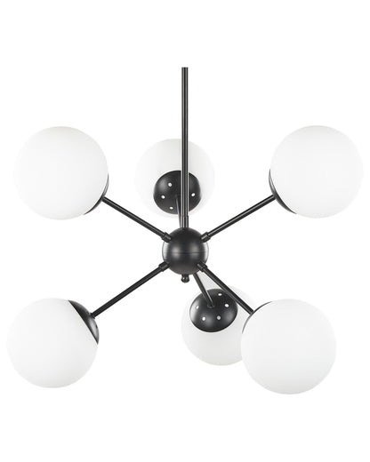 Black 6 Light Pendant Lamp 100cm White Glass Globe Shades