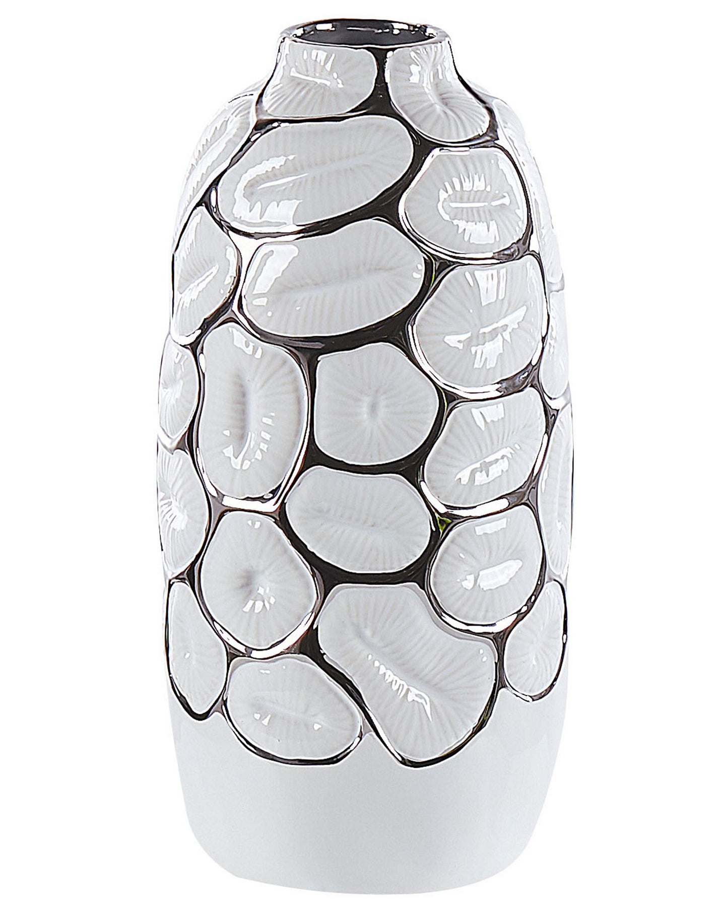 White Stoneware Flower Vase 34cm Silver Detailing