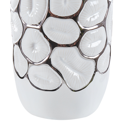 White Stoneware Flower Vase 34cm Silver Detailing