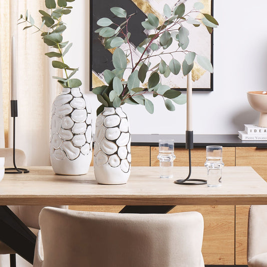 Flower Vase 28cm White Stoneware With Silver Embossed Detail For Elegant Tablescape Centrepiece