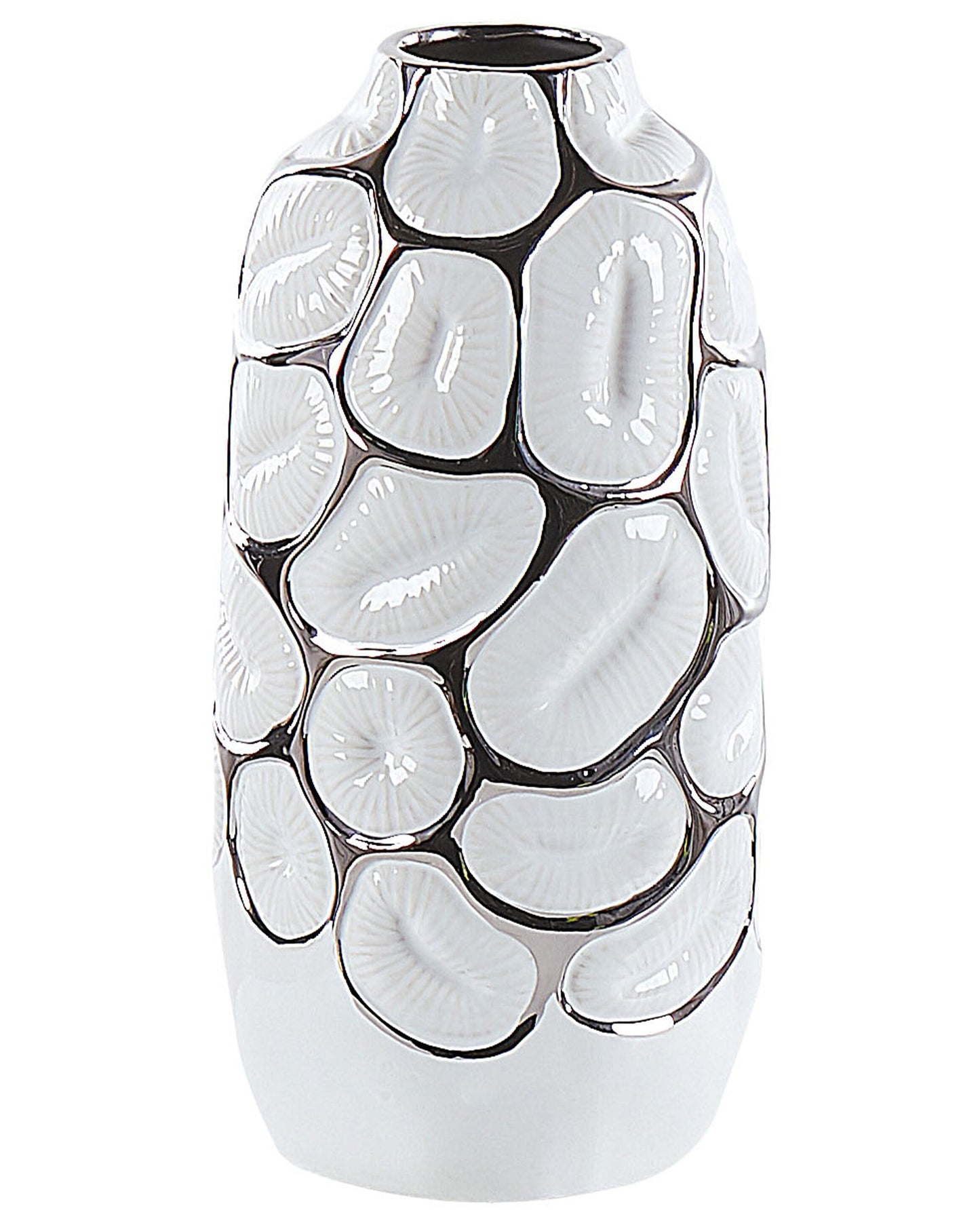 Flower Vase 28cm White Stoneware With Silver Embossed Detail For Elegant Tablescape Centrepiece