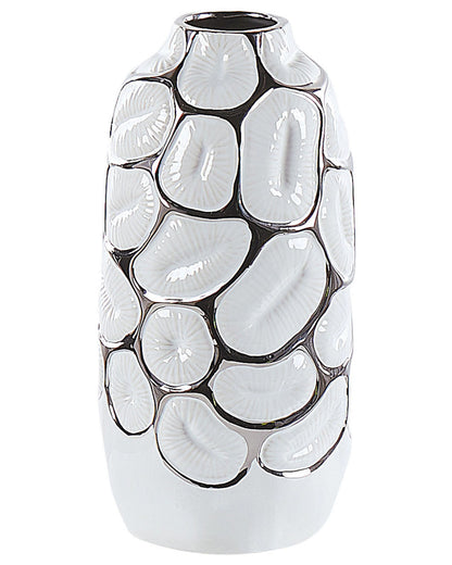 Flower Vase 28cm White Stoneware With Silver Embossed Detail For Elegant Tablescape Centrepiece