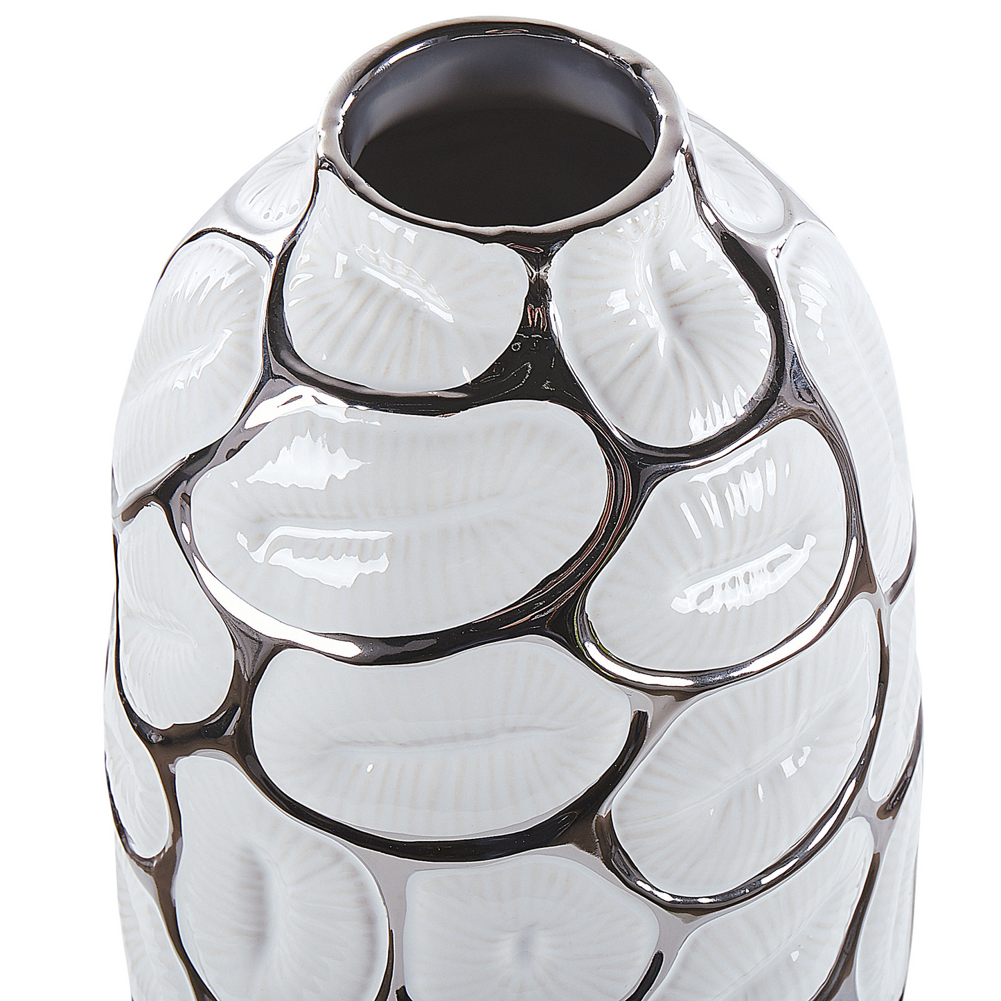 Flower Vase 28cm White Stoneware With Silver Embossed Detail For Elegant Tablescape Centrepiece