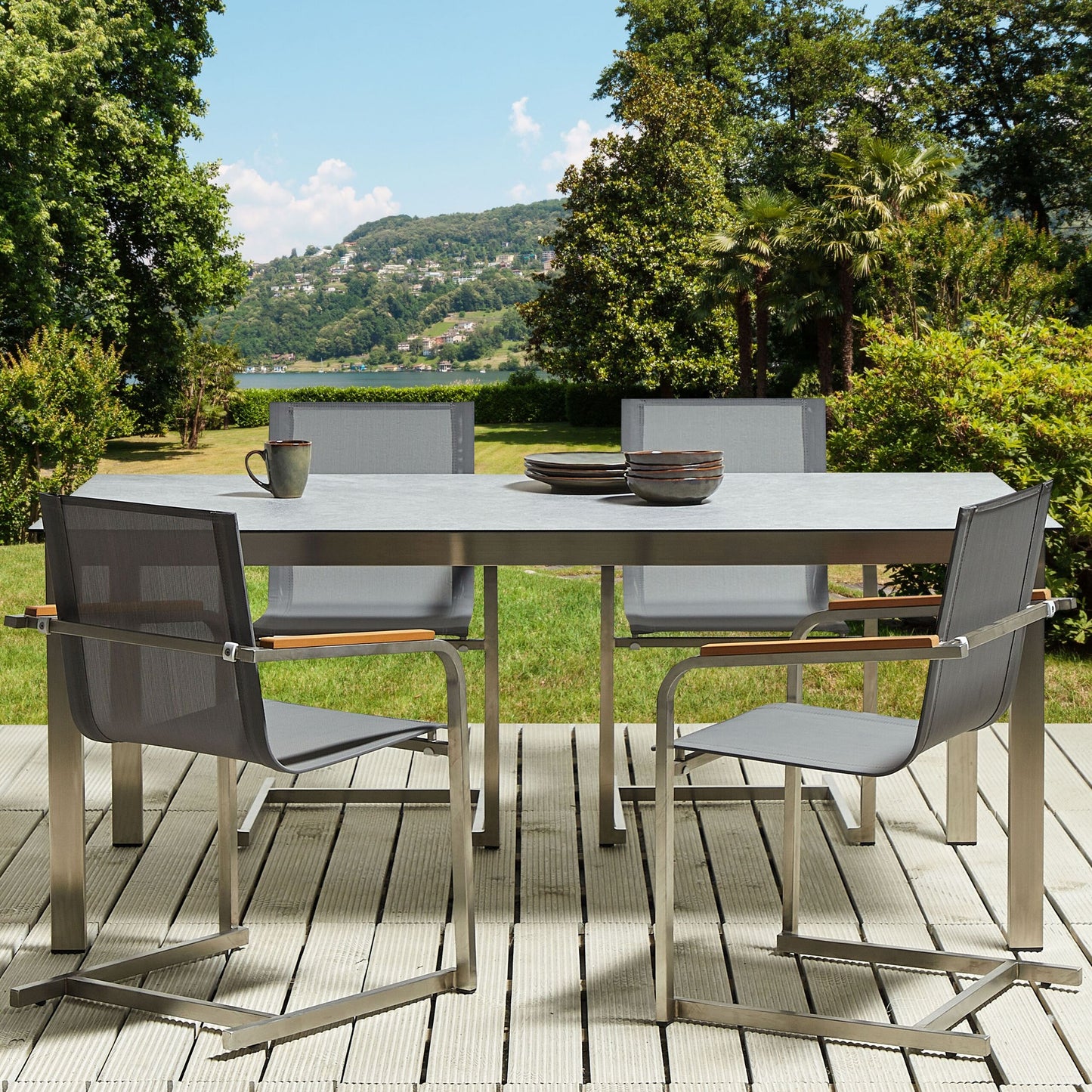 Garden Chairs Set 4 Grey Synthetic Seats Stainless Cantilever