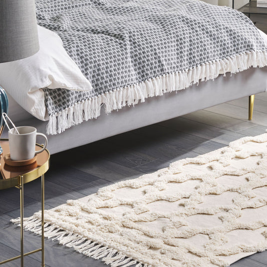 Beige Cotton Area Rug 80 x 150cm Moroccan Quatrefoil Tassels