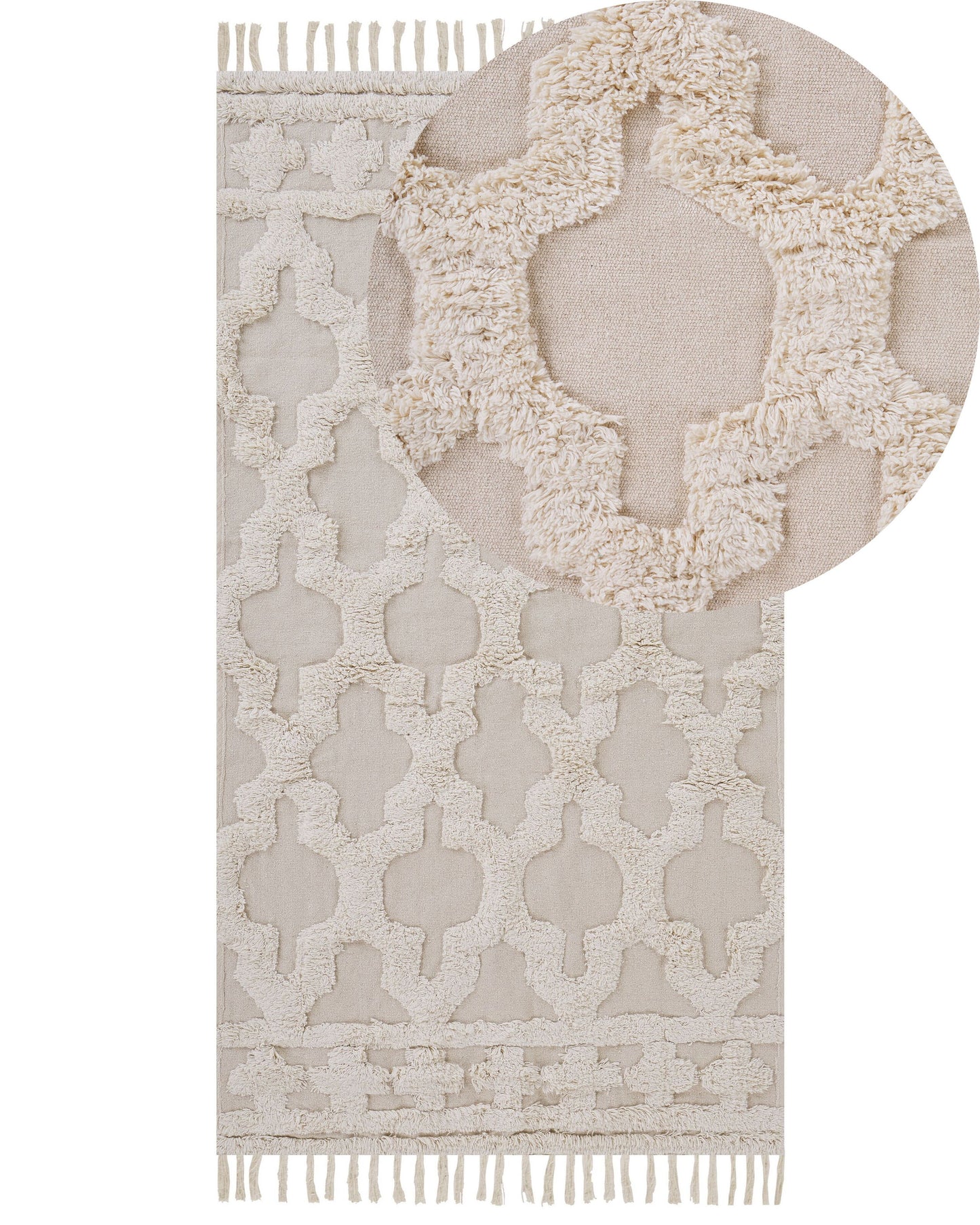 Beige Cotton Area Rug 80 x 150cm Moroccan Quatrefoil Tassels