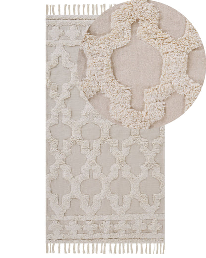 Beige Cotton Area Rug 80 x 150cm Moroccan Quatrefoil Tassels