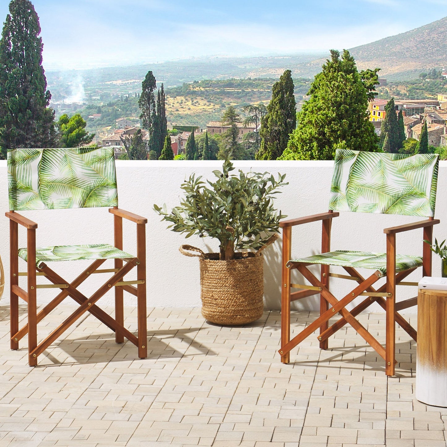 Garden Director Chair Set Of 2 Dark Wood Off-White Leaves