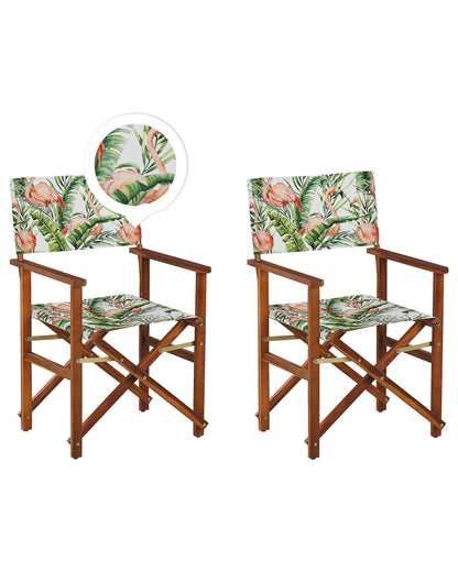 Garden Classics Director's Chairs Set Of 2 Dark Brown Off White Acacia Flamingo Pattern Fabric Folding