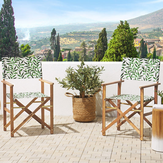 Garden Director Chairs Set Of 2 Light Wood With Off White Acacia Leaf Pattern Replacement Fabric Folding