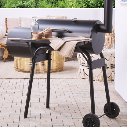 Grill Black Steel With Lid Wheeled Offset Smoker