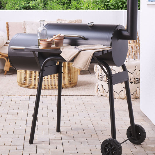 Grill Black Steel With Lid Wheeled Offset Smoker