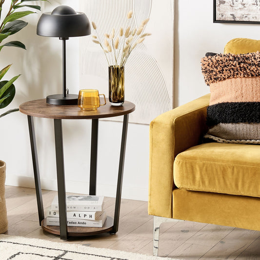 UrbanNest Two Tier Side Table Dark Brown Top With Black Metal Legs 50 cm Industrial Round Living Room